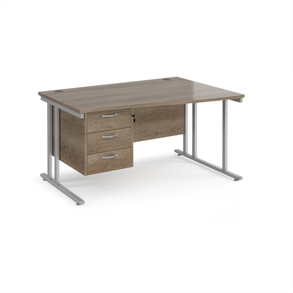 Maestro 25 right hand wave desk 1400mm wide with 3 drawer pedestal - silver cantilever leg frame, Nebraska Oak Top - view 1