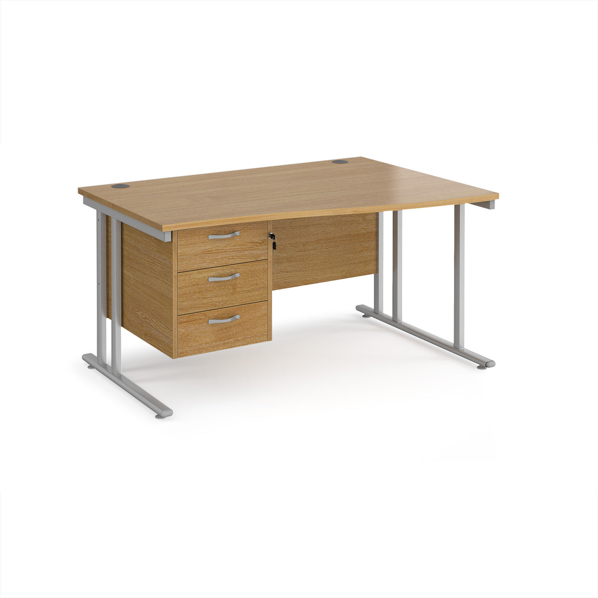 Maestro 25 right hand wave desk 1400mm wide with 3 drawer pedestal - silver cantilever leg frame, Oak Top - view 1