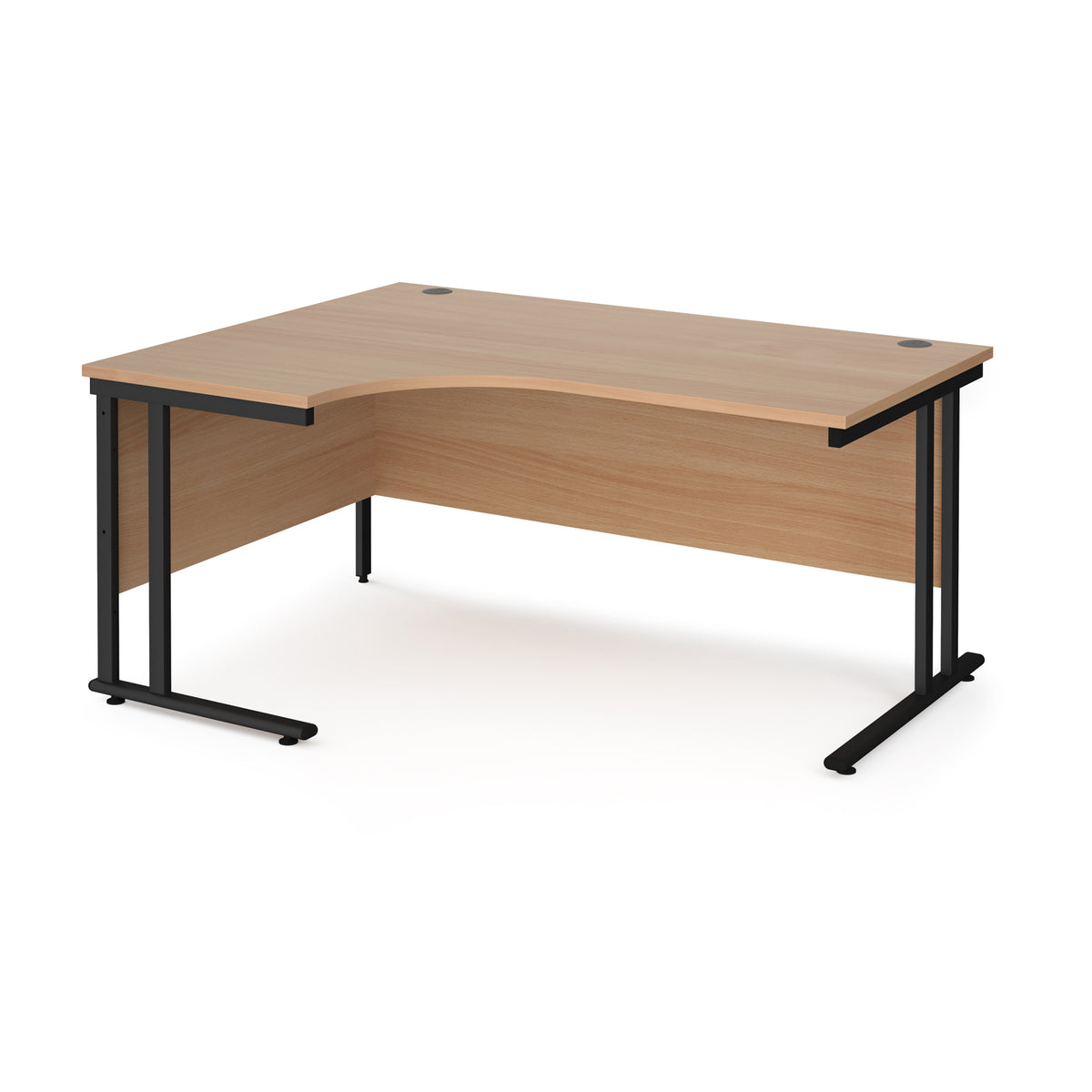 Maestro 25 left hand ergonomic desk 1600mm wide - black cantilever leg frame, Beech top - view 1