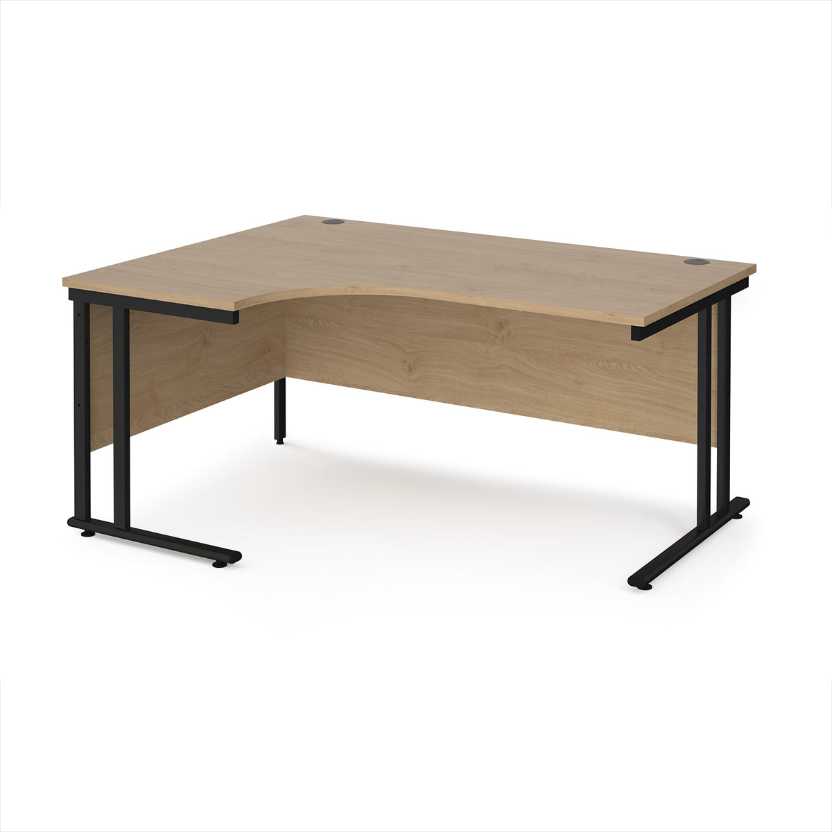 Maestro 25 left hand ergonomic desk 1600mm wide - black cantilever leg frame, Kendal Oak Top - view 1