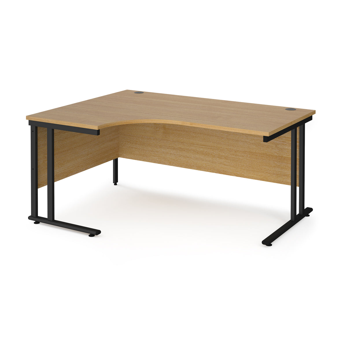 Maestro 25 left hand ergonomic desk 1600mm wide - black cantilever leg frame, Oak Top - view 1