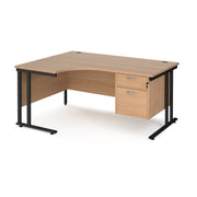 Maestro 25 left hand ergonomic desk 1600mm wide with 2 drawer pedestal - black cantilever leg frame, Beech top - view 1
