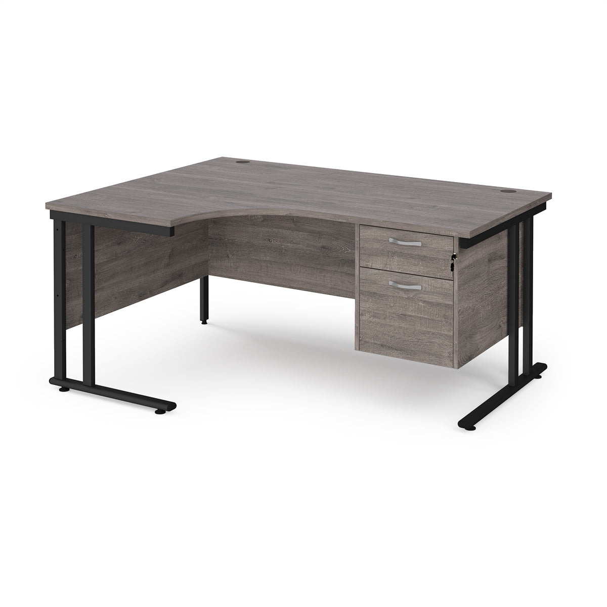 Maestro 25 left hand ergonomic desk 1600mm wide with 2 drawer pedestal - black cantilever leg frame, Grey Oak Top - view 1