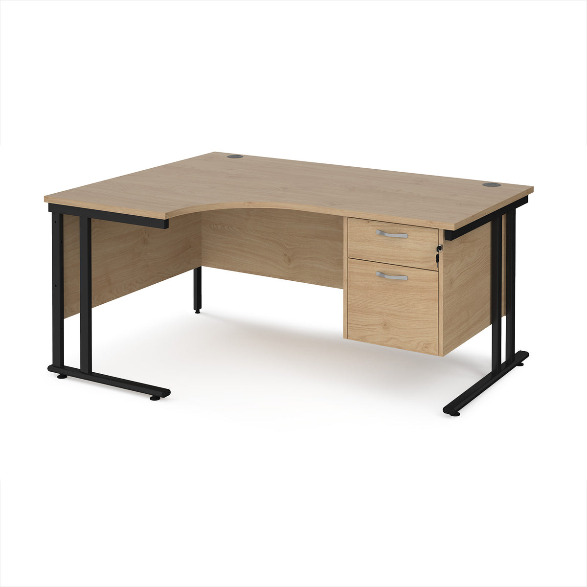 Maestro 25 left hand ergonomic desk 1600mm wide with 2 drawer pedestal - black cantilever leg frame, Kendal Oak Top - view 1