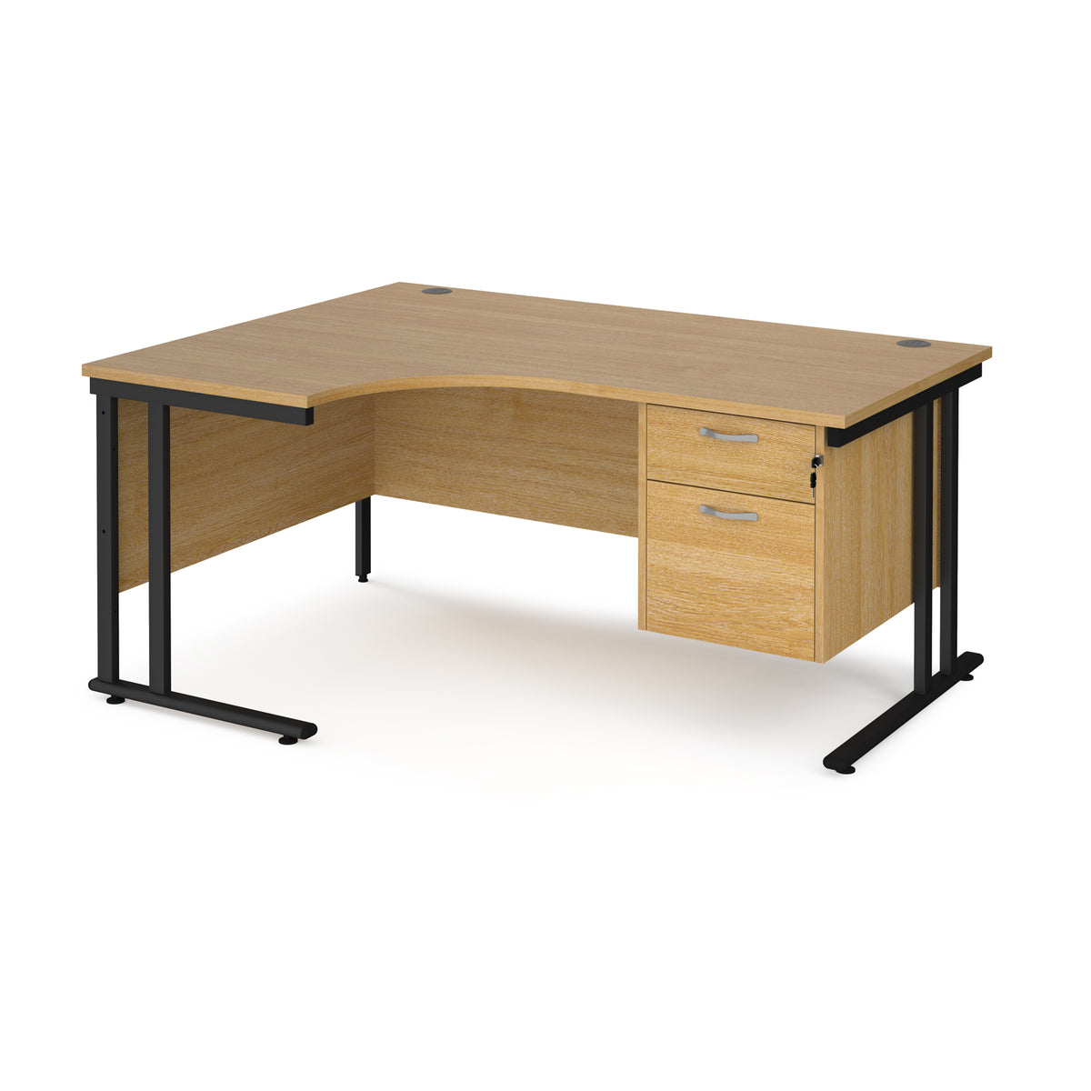 Maestro 25 left hand ergonomic desk 1600mm wide with 2 drawer pedestal - black cantilever leg frame, Oak Top - view 1