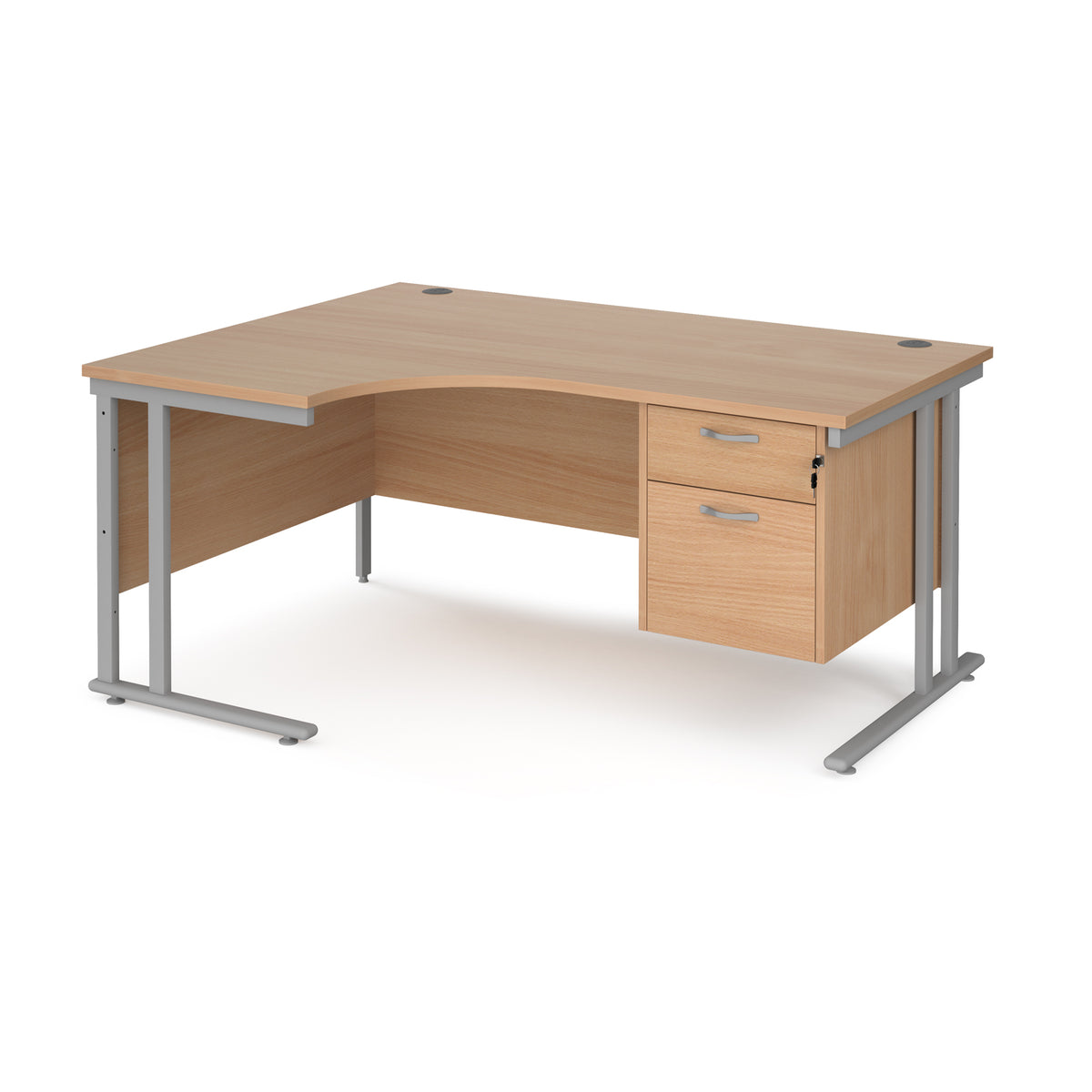 Maestro 25 left hand ergonomic desk 1600mm wide with 2 drawer pedestal - silver cantilever leg frame, Beech top - view 1