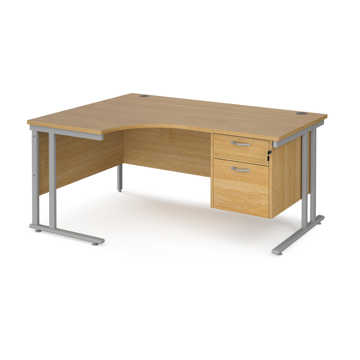 Maestro 25 left hand ergonomic desk 1600mm wide with 2 drawer pedestal - silver cantilever leg frame, Oak Top - view 1