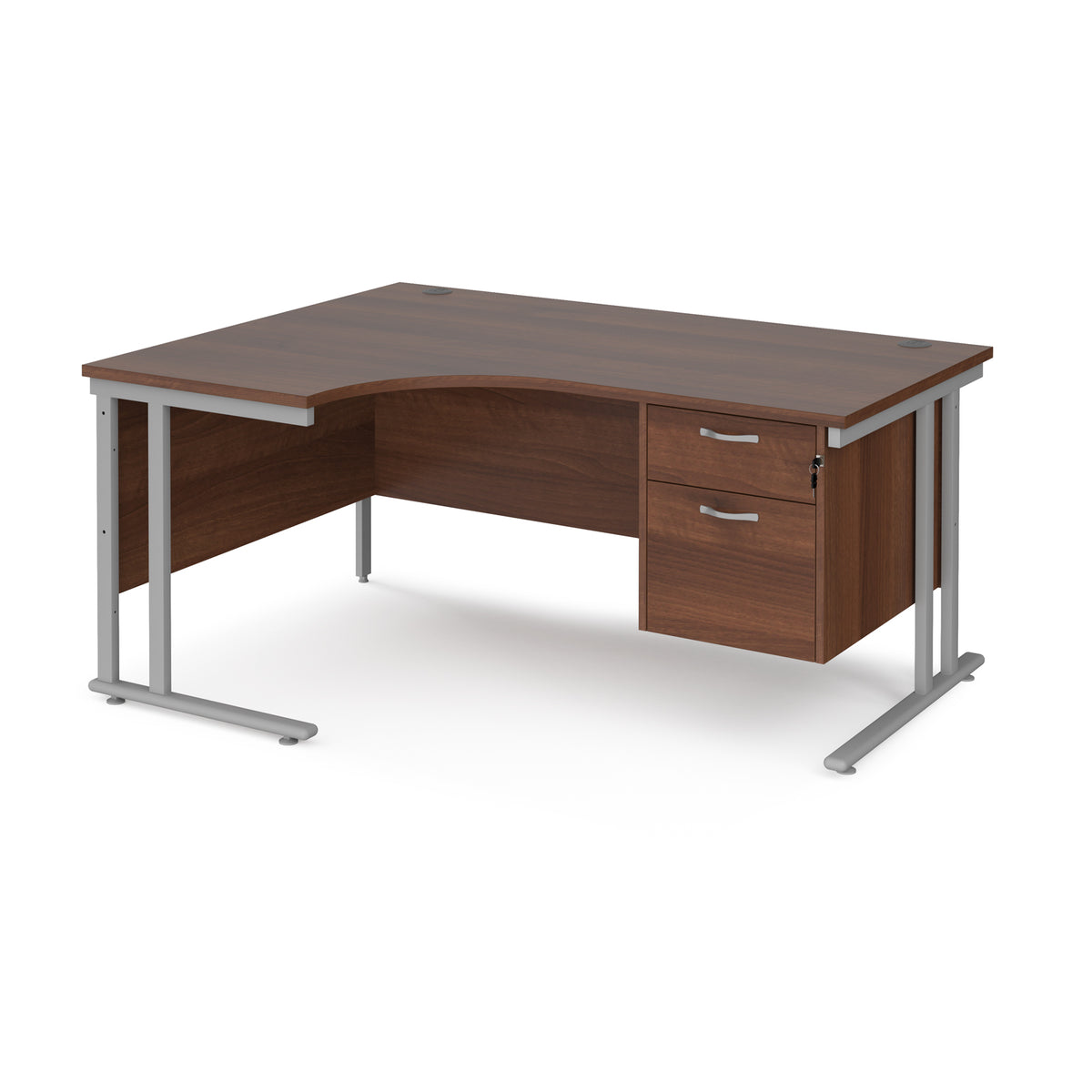 Maestro 25 left hand ergonomic desk 1600mm wide with 2 drawer pedestal - silver cantilever leg frame, Walnut top - view 1