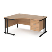 Maestro 25 left hand ergonomic desk 1600mm wide with 3 drawer pedestal - black cantilever leg frame, Beech top - view 1