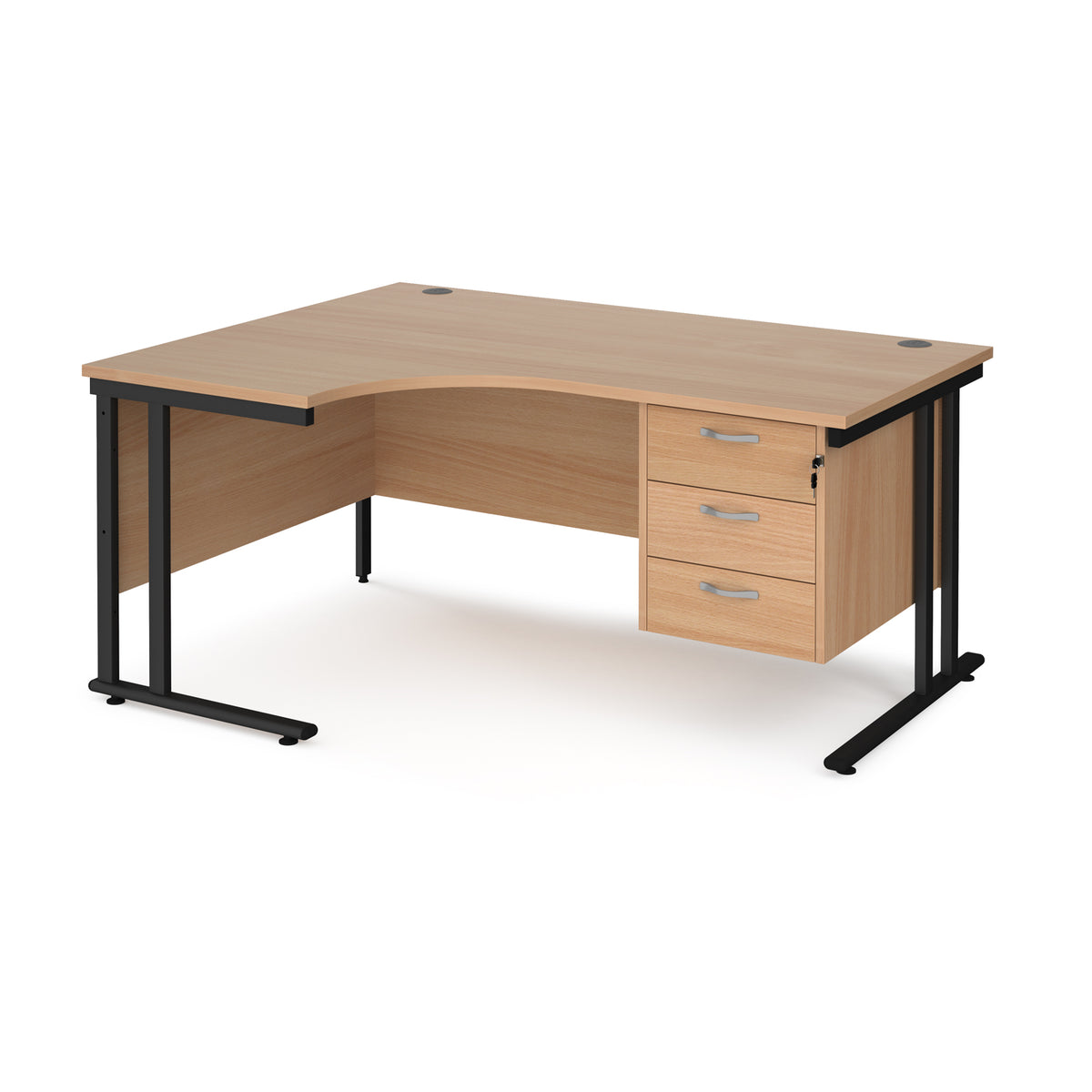 Maestro 25 left hand ergonomic desk 1600mm wide with 3 drawer pedestal - black cantilever leg frame, Beech top - view 1
