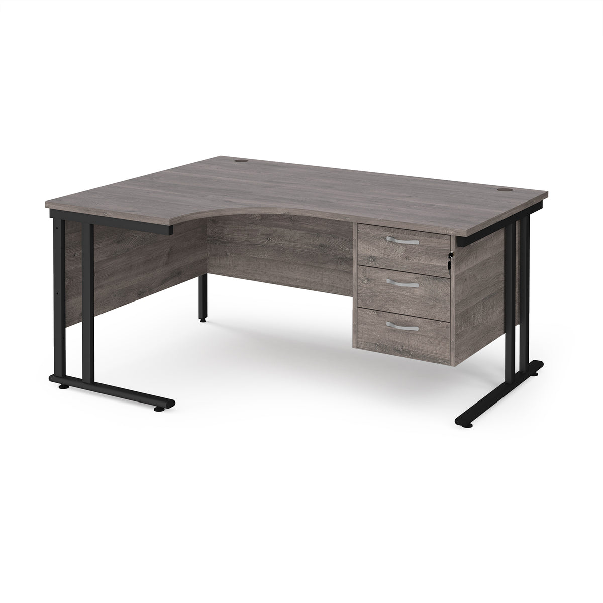 Maestro 25 left hand ergonomic desk 1600mm wide with 3 drawer pedestal - black cantilever leg frame, Grey Oak Top - view 1