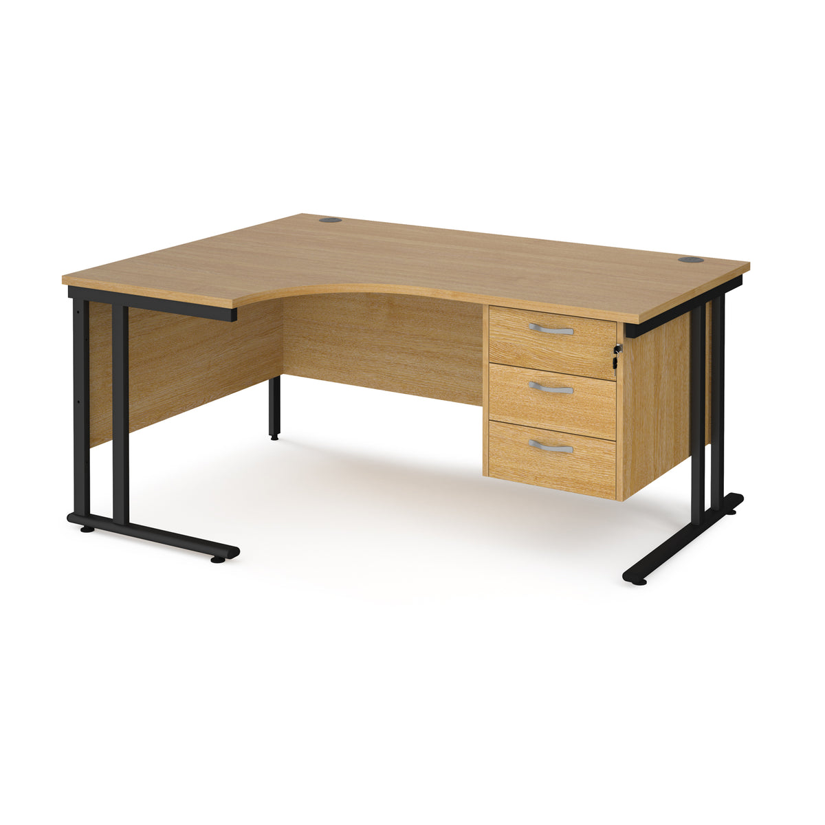 Maestro 25 left hand ergonomic desk 1600mm wide with 3 drawer pedestal - black cantilever leg frame, Oak Top - view 1