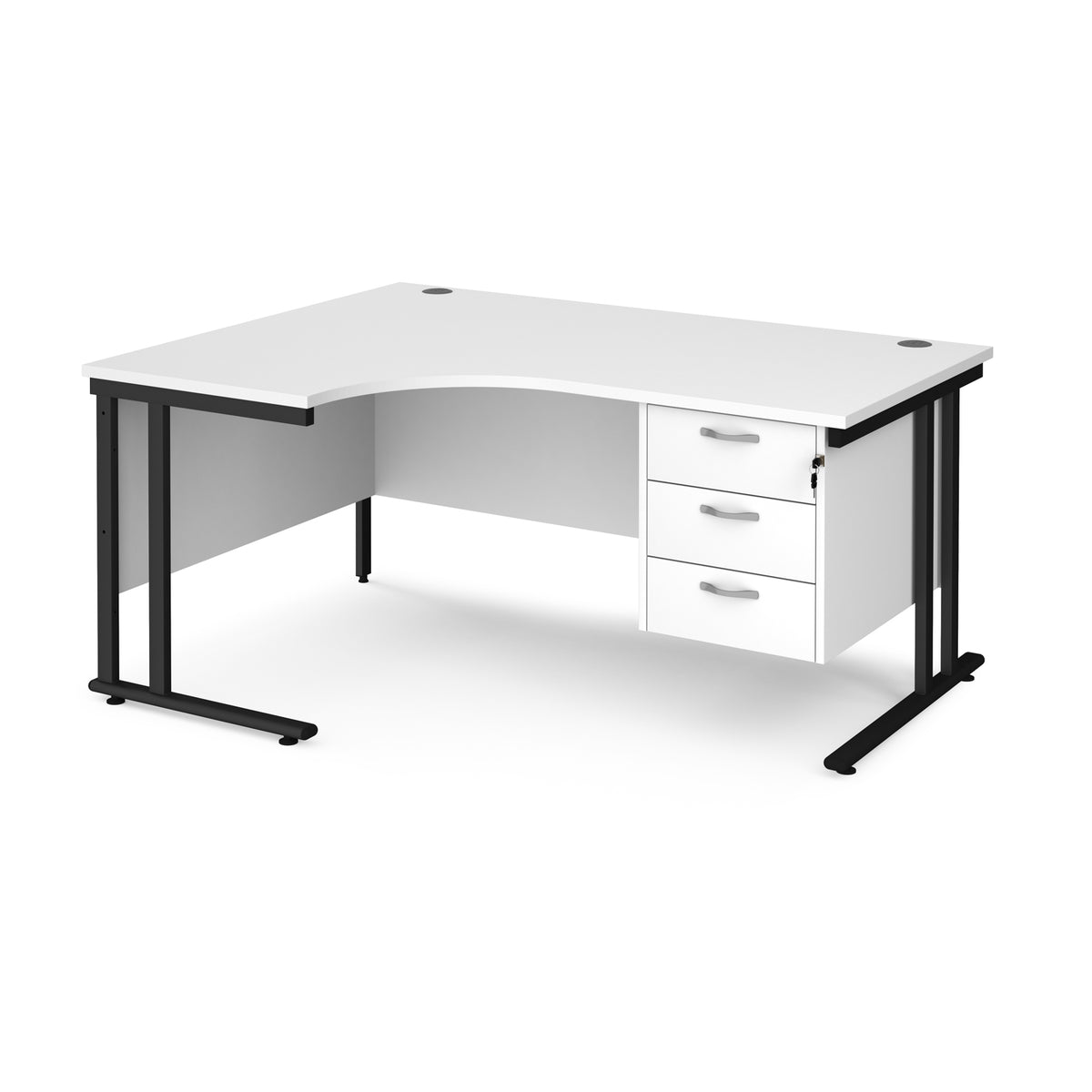 Maestro 25 left hand ergonomic desk 1600mm wide with 3 drawer pedestal - black cantilever leg frame, White Top - view 1