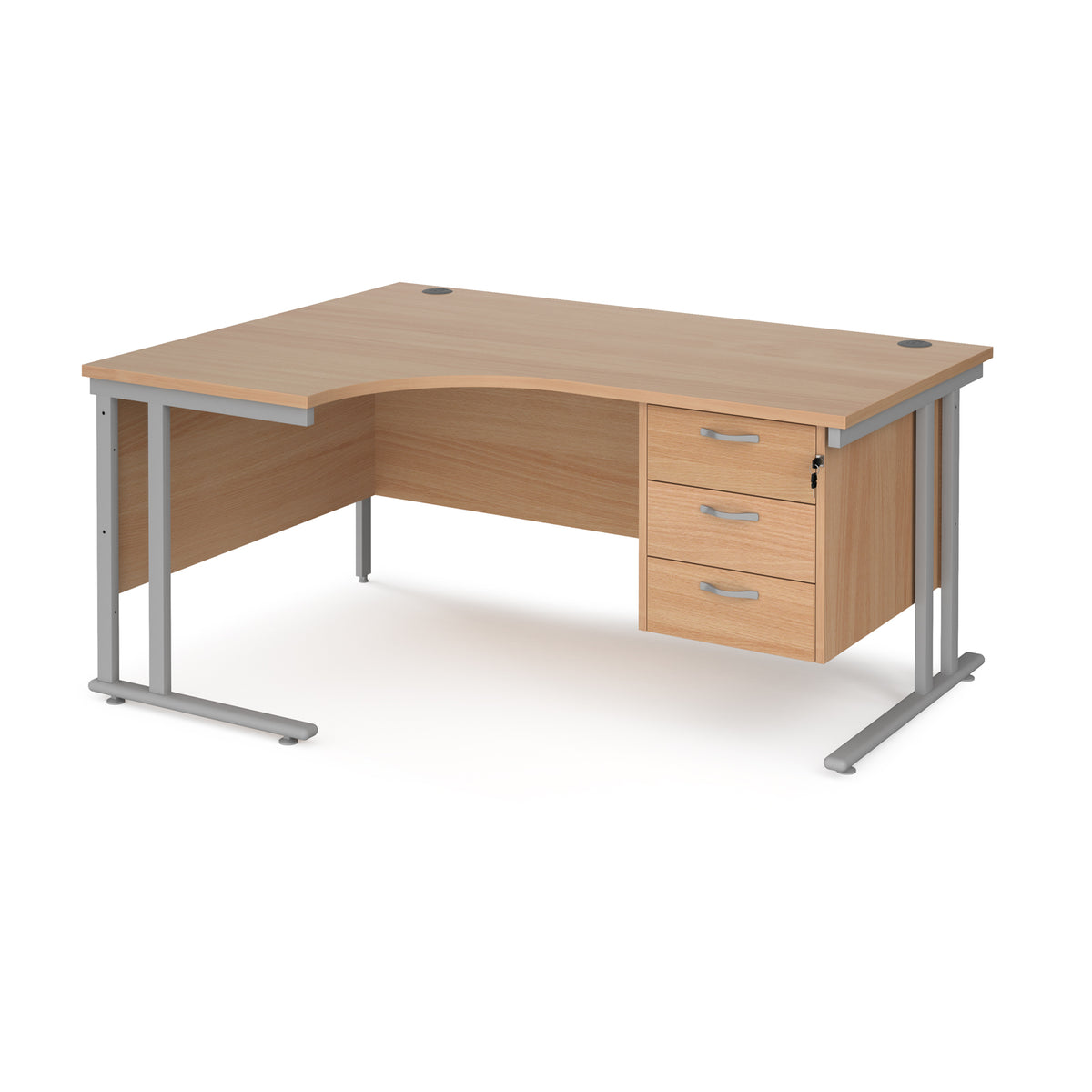Maestro 25 left hand ergonomic desk 1600mm wide with 3 drawer pedestal - silver cantilever leg frame, Beech top - view 1