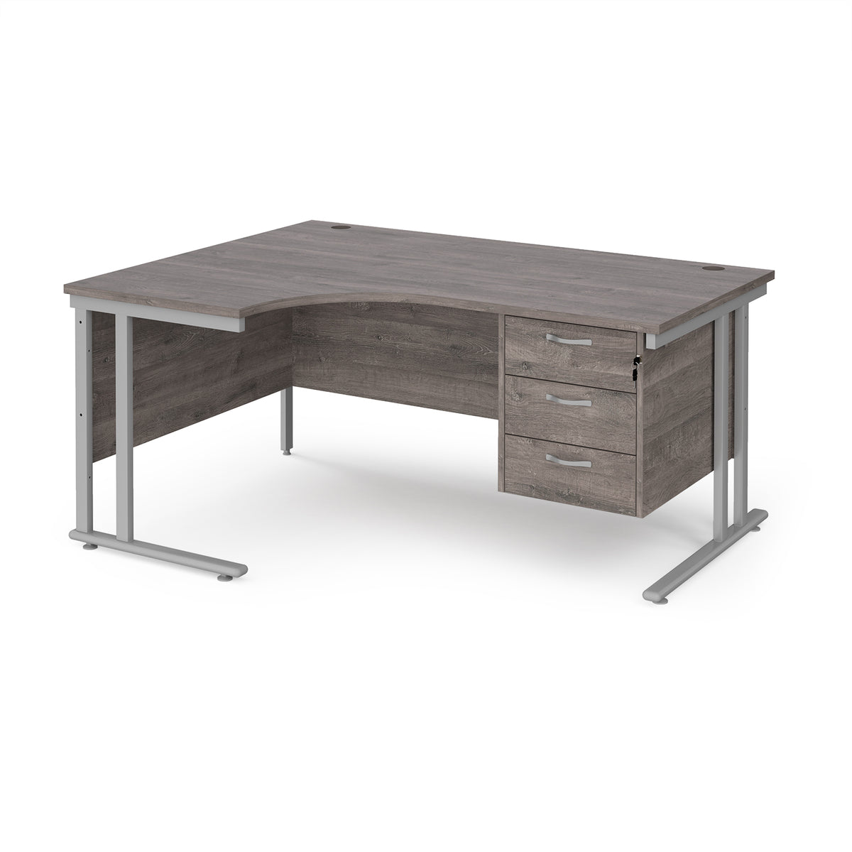 Maestro 25 left hand ergonomic desk 1600mm wide with 3 drawer pedestal - silver cantilever leg frame, Grey Oak Top - view 1
