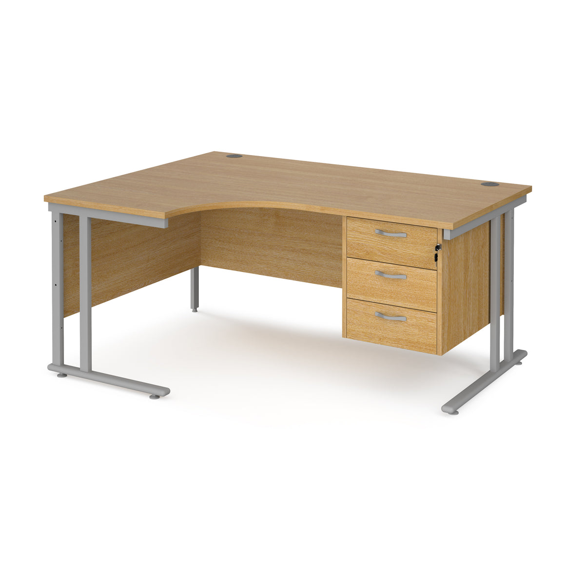 Maestro 25 left hand ergonomic desk 1600mm wide with 3 drawer pedestal - silver cantilever leg frame, Oak Top - view 1