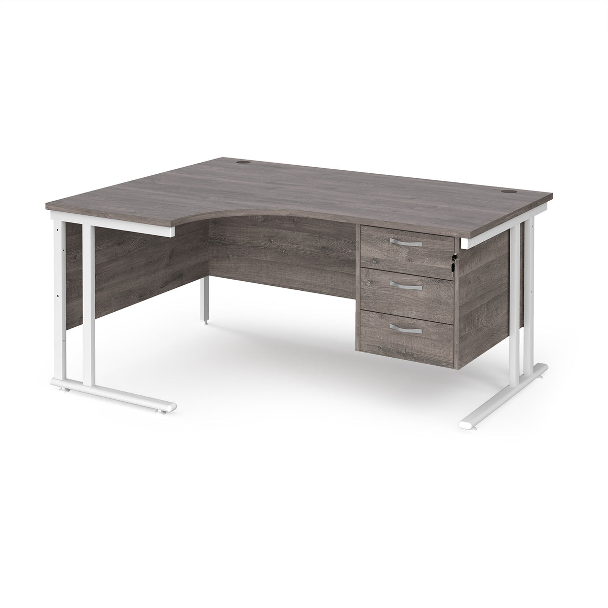 Maestro 25 left hand ergonomic desk 1600mm wide with 3 drawer pedestal - white cantilever leg frame, Grey Oak Top - view 1