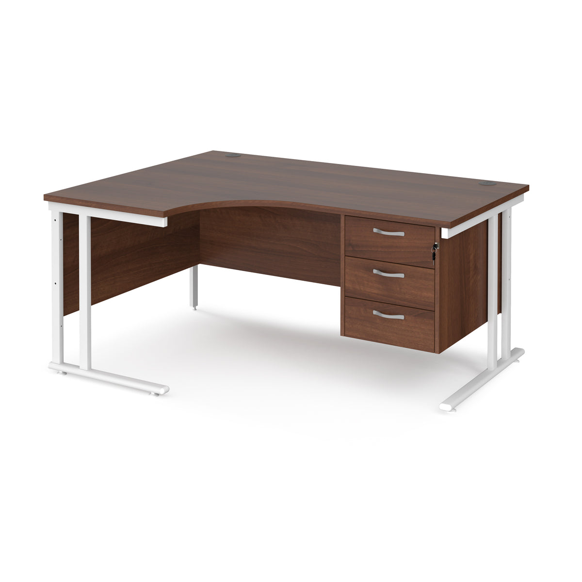 Maestro 25 left hand ergonomic desk 1600mm wide with 3 drawer pedestal - white cantilever leg frame, Walnut top - view 1