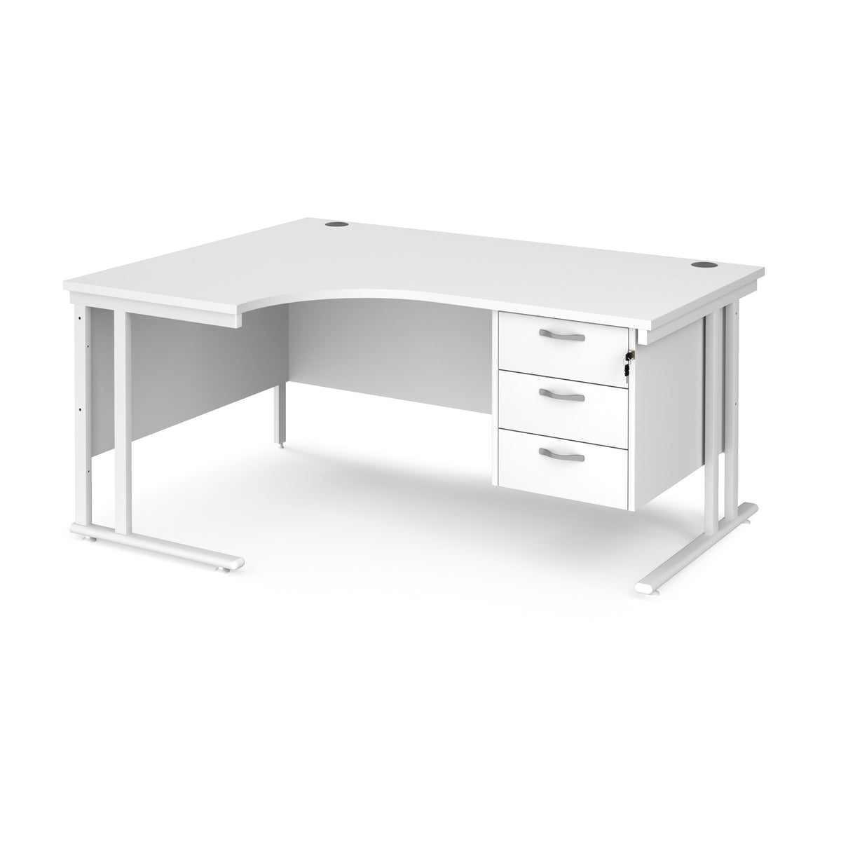 Maestro 25 left hand ergonomic desk 1600mm wide with 3 drawer pedestal - white cantilever leg frame, White Top - view 1