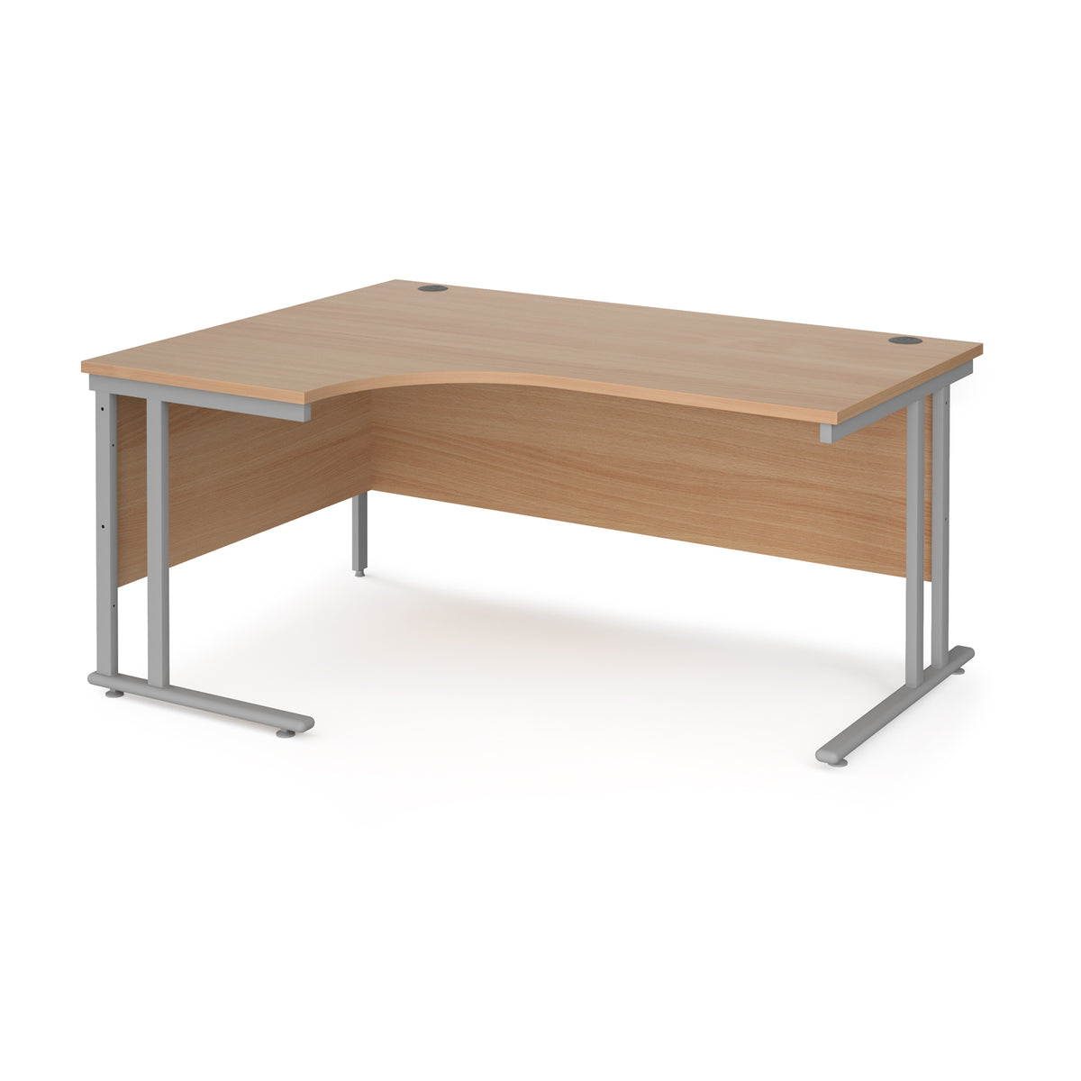 Maestro 25 left hand ergonomic desk 1600mm wide - silver cantilever leg frame, Beech top - view 1
