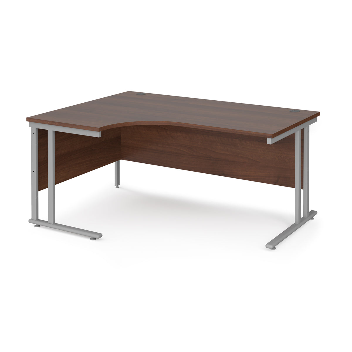 Maestro 25 left hand ergonomic desk 1600mm wide - silver cantilever leg frame, Walnut top - view 1