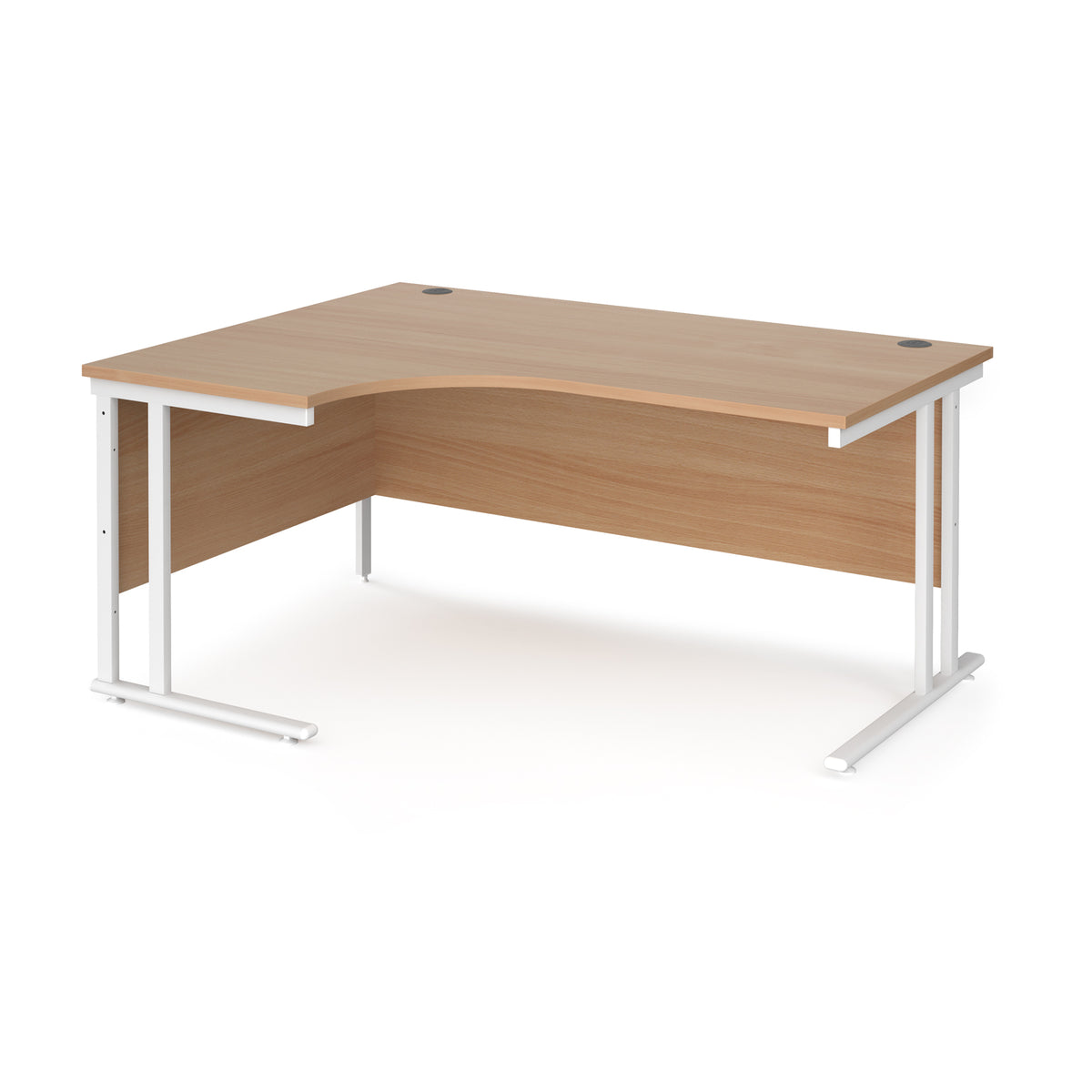 Maestro 25 left hand ergonomic desk 1600mm wide - white cantilever leg frame, Beech top - view 1