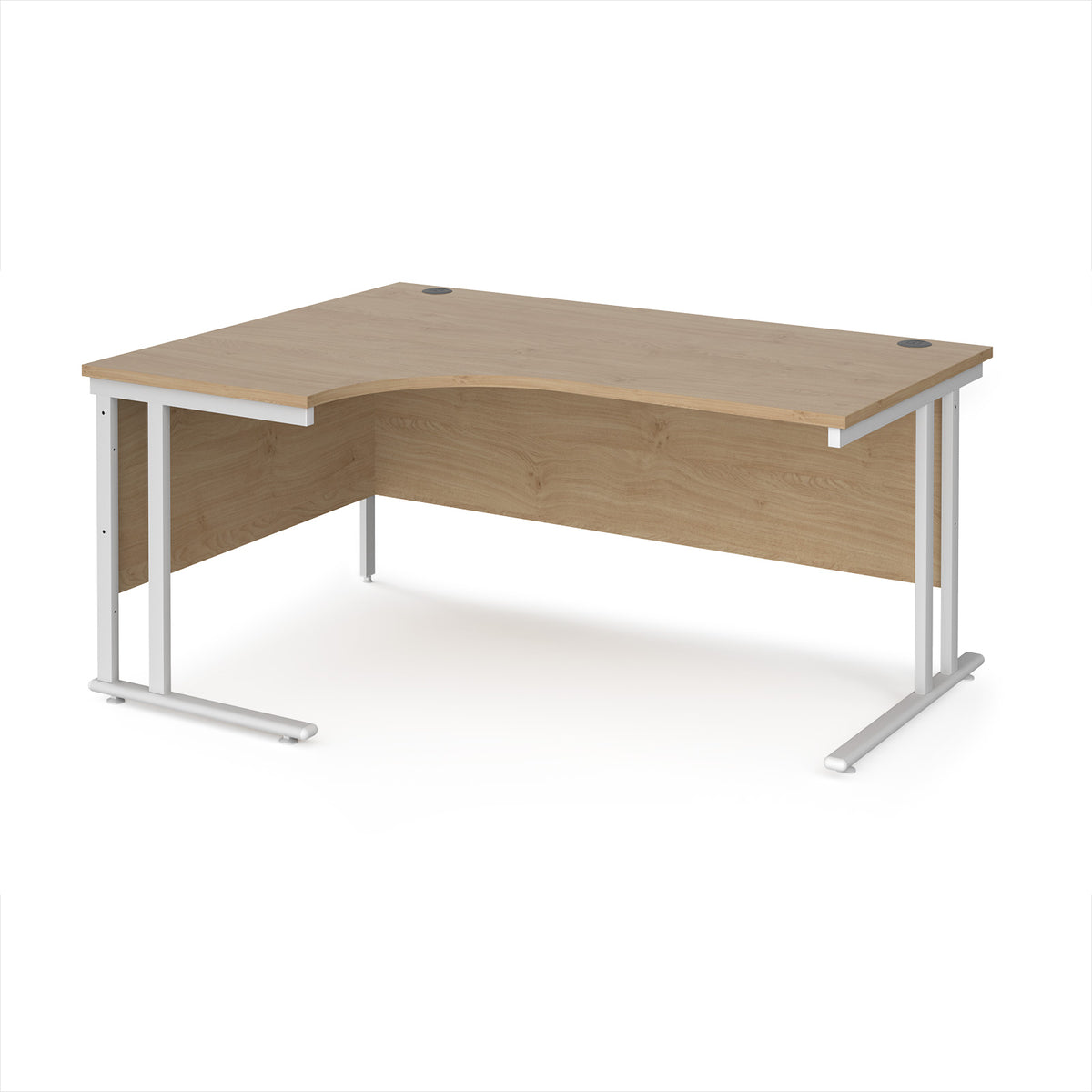 Maestro 25 left hand ergonomic desk 1600mm wide - white cantilever leg frame, Kendal Oak Top - view 1