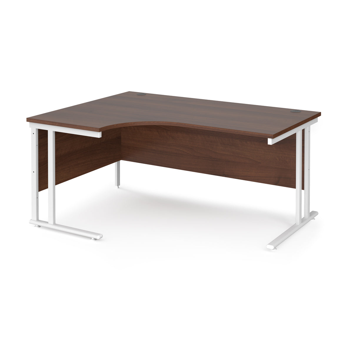 Maestro 25 left hand ergonomic desk 1600mm wide - white cantilever leg frame, Walnut top - view 1