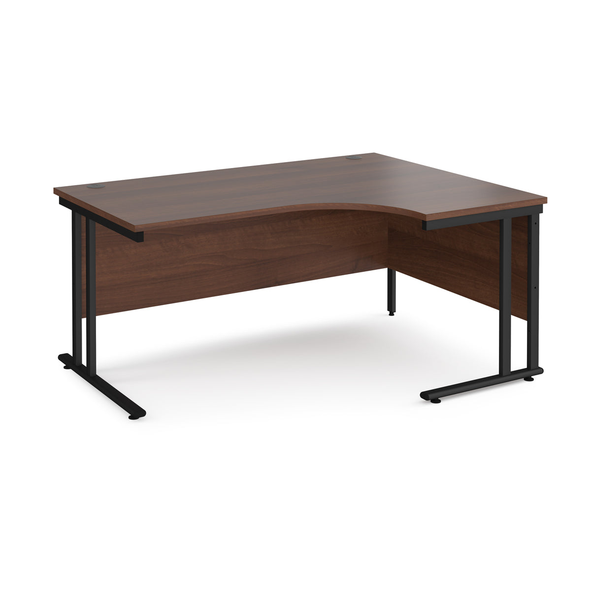 Maestro 25 right hand ergonomic desk 1600mm wide - black cantilever leg frame, Walnut top - view 1