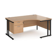 Maestro 25 right hand ergonomic desk 1600mm wide with 2 drawer pedestal - black cantilever leg frame, Beech top - view 1