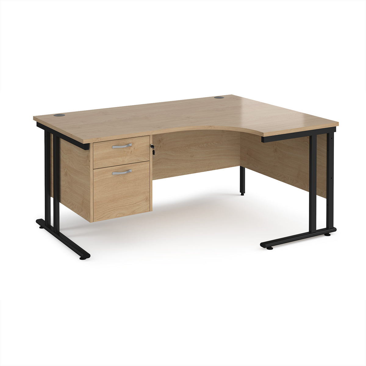 Maestro 25 right hand ergonomic desk 1600mm wide with 2 drawer pedestal - black cantilever leg frame, Kendal Oak Top - view 1