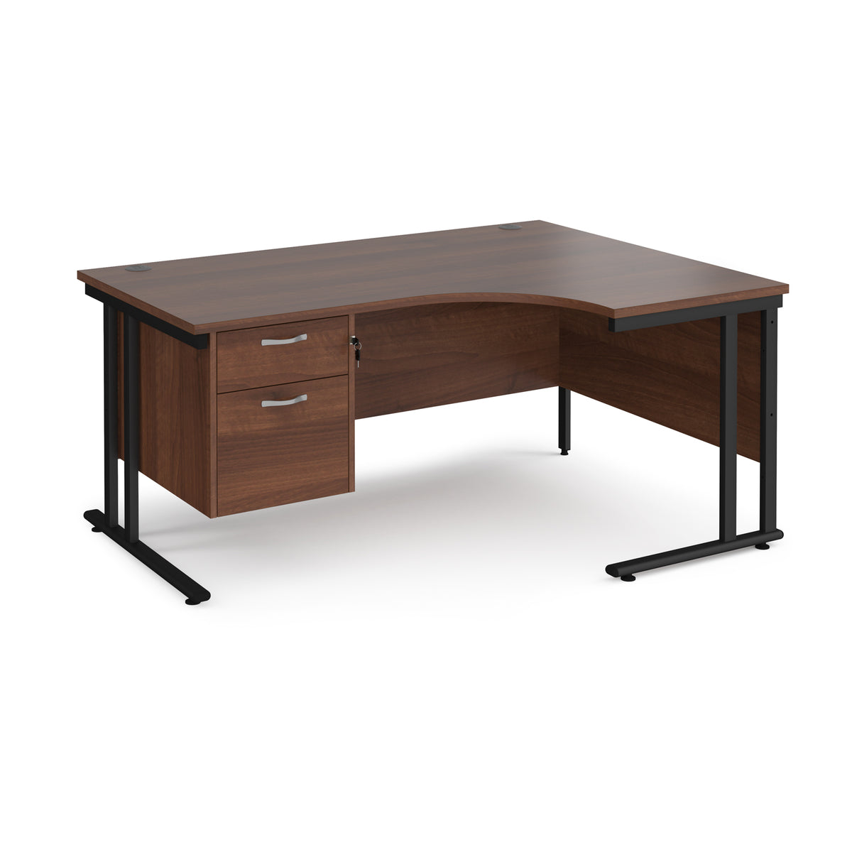 Maestro 25 right hand ergonomic desk 1600mm wide with 2 drawer pedestal - black cantilever leg frame, Walnut top - view 1