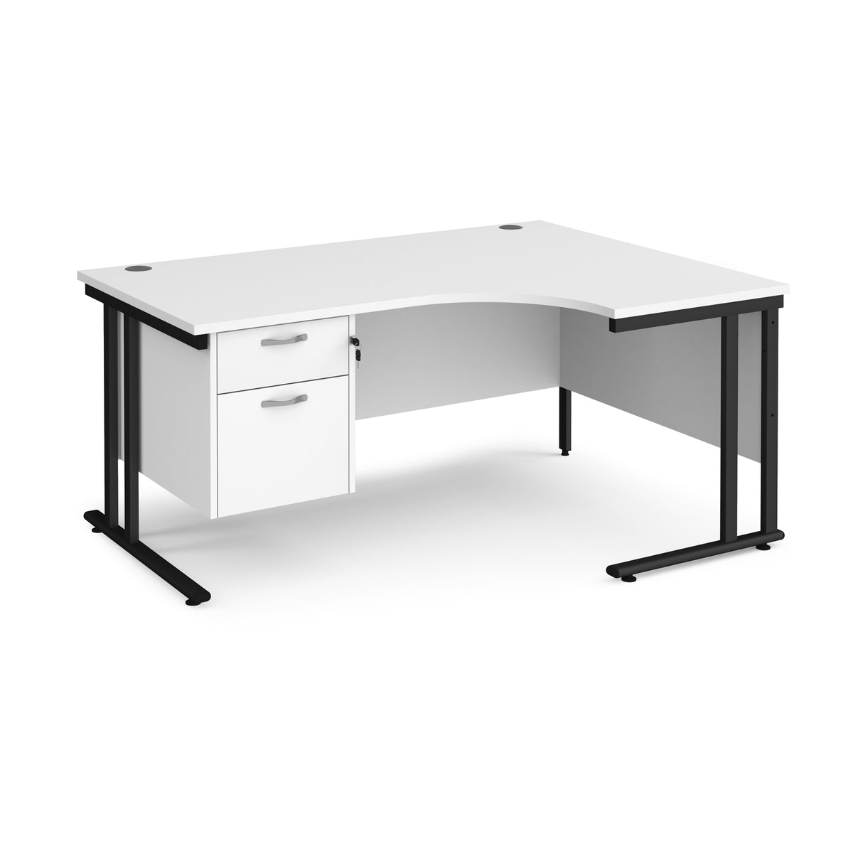 Maestro 25 right hand ergonomic desk 1600mm wide with 2 drawer pedestal - black cantilever leg frame, White Top - view 1