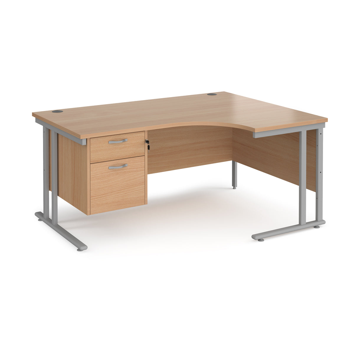 Maestro 25 right hand ergonomic desk 1600mm wide with 2 drawer pedestal - silver cantilever leg frame, Beech top - view 1