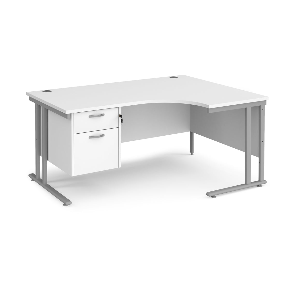 Maestro 25 right hand ergonomic desk 1600mm wide with 2 drawer pedestal - silver cantilever leg frame, White Top - view 1