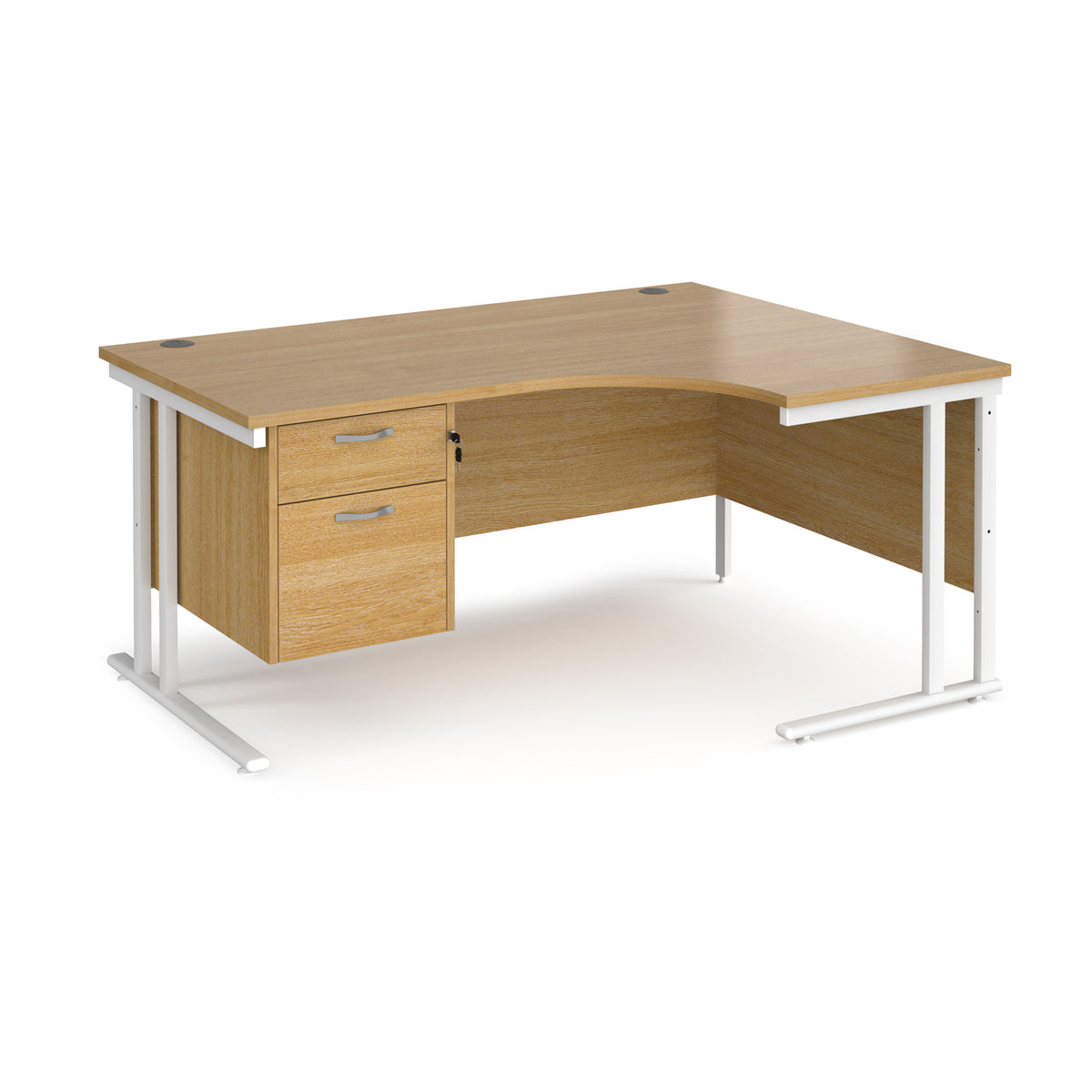 Maestro 25 right hand ergonomic desk 1600mm wide with 2 drawer pedestal - white cantilever leg frame, Oak Top - view 1