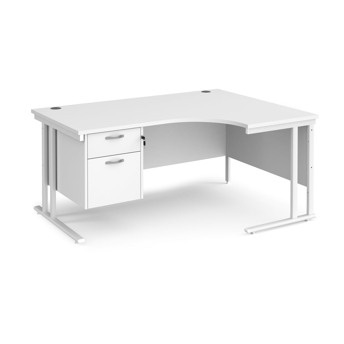 Maestro 25 right hand ergonomic desk 1600mm wide with 2 drawer pedestal - white cantilever leg frame, White Top - view 1