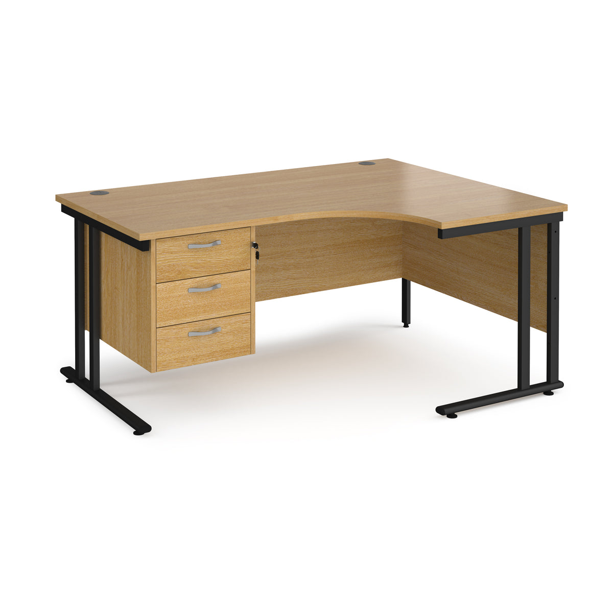 Maestro 25 right hand ergonomic desk 1600mm wide with 3 drawer pedestal - black cantilever leg frame, Oak Top - view 1
