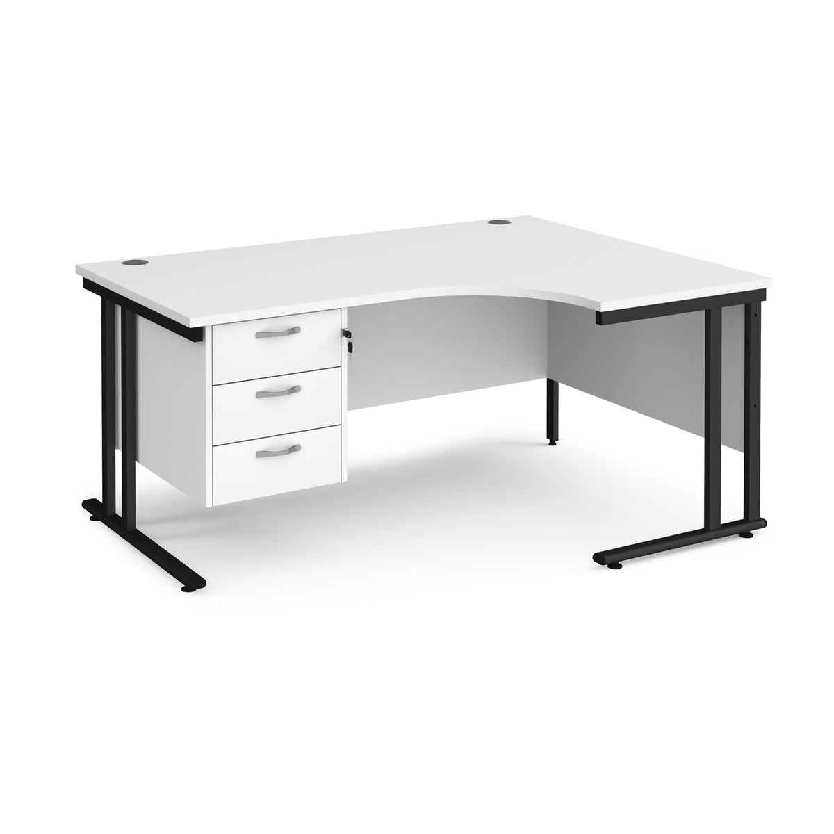 Maestro 25 right hand ergonomic desk 1600mm wide with 3 drawer pedestal - black cantilever leg frame, White Top - view 1