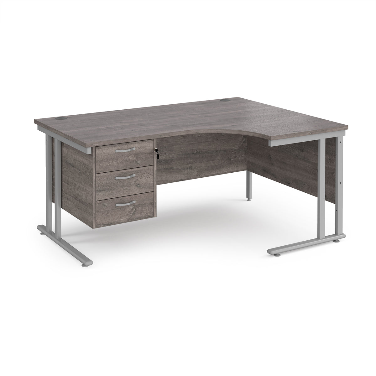 Maestro 25 right hand ergonomic desk 1600mm wide with 3 drawer pedestal - silver cantilever leg frame, Grey Oak Top - view 1