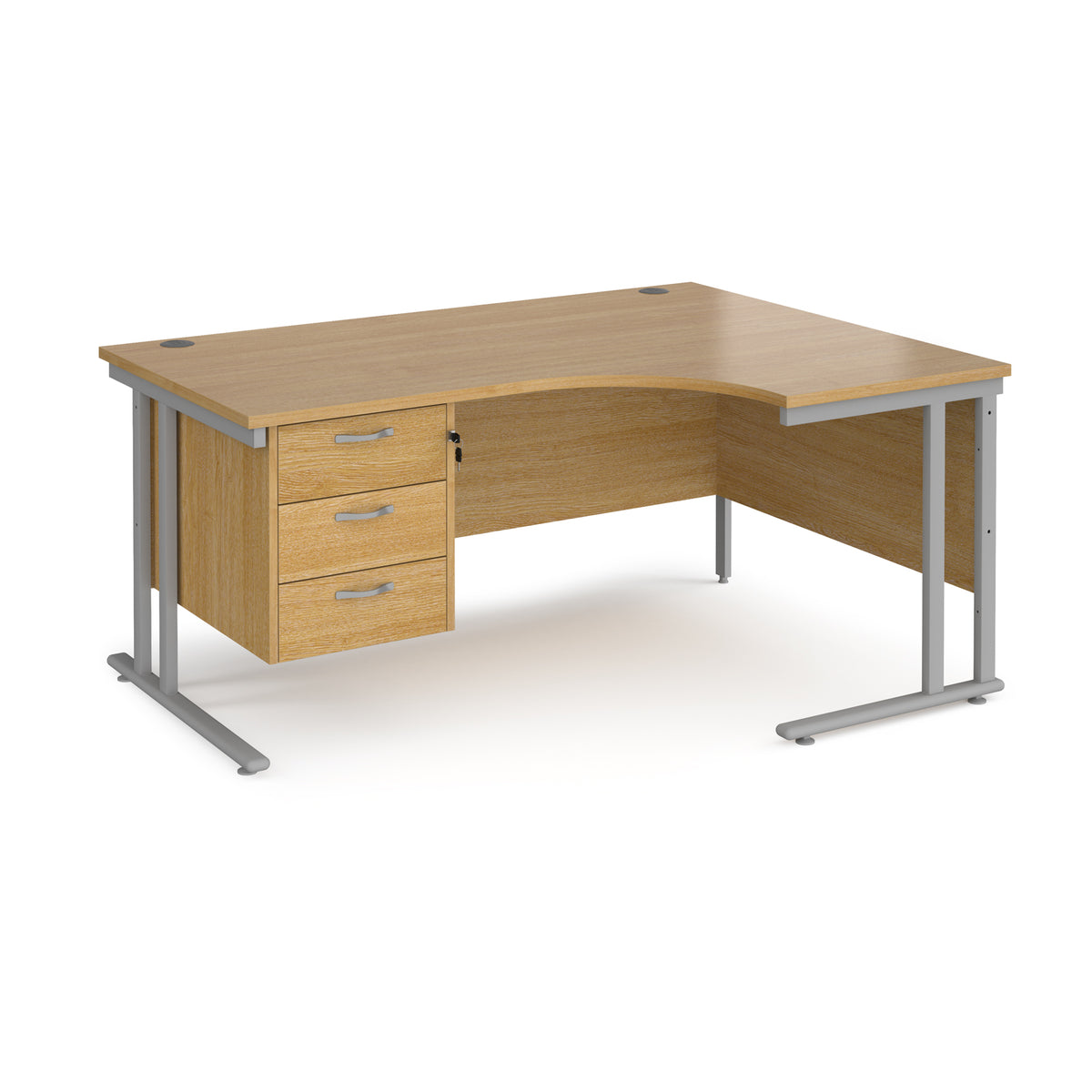 Maestro 25 right hand ergonomic desk 1600mm wide with 3 drawer pedestal - silver cantilever leg frame, Oak Top - view 1