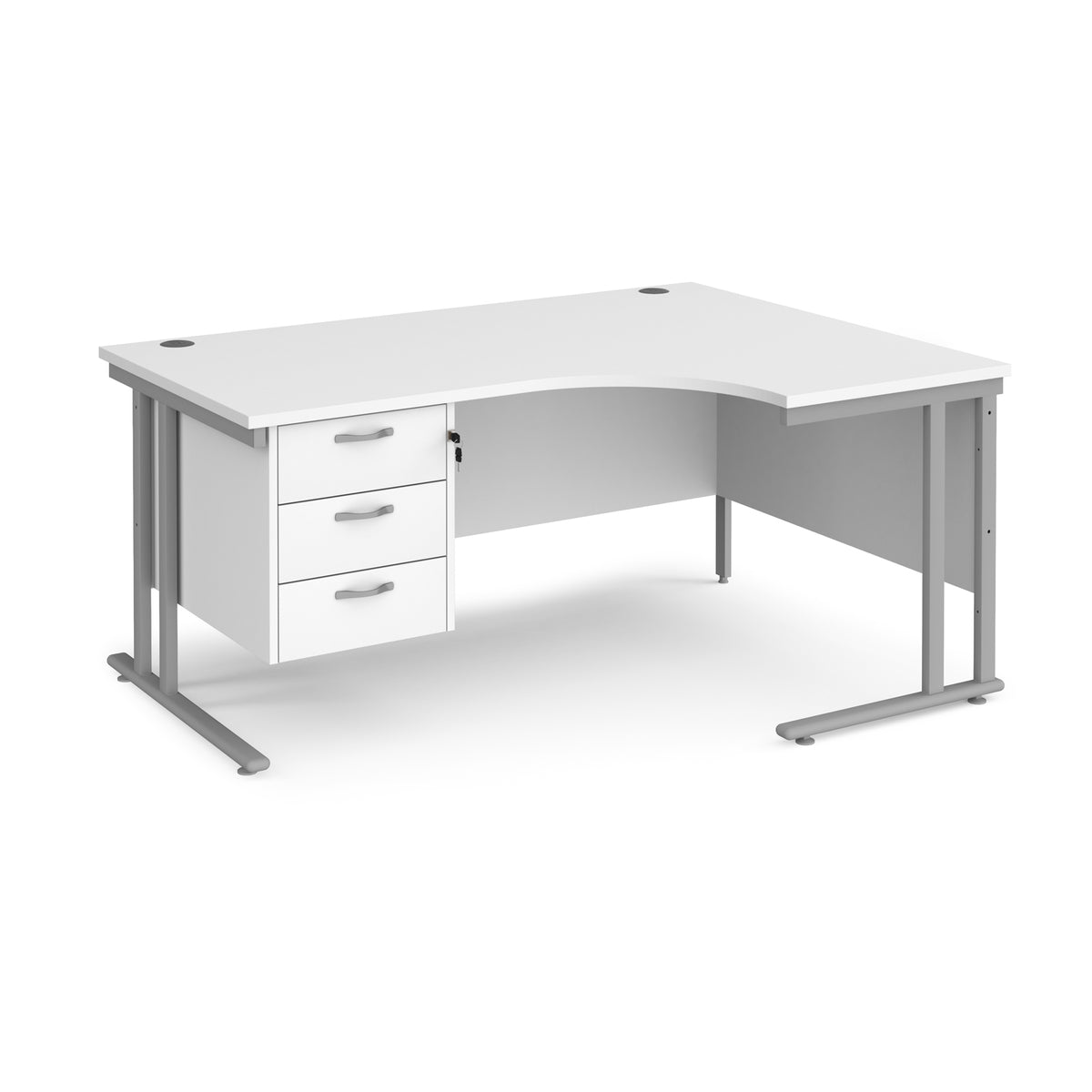 Maestro 25 right hand ergonomic desk 1600mm wide with 3 drawer pedestal - silver cantilever leg frame, White Top - view 1