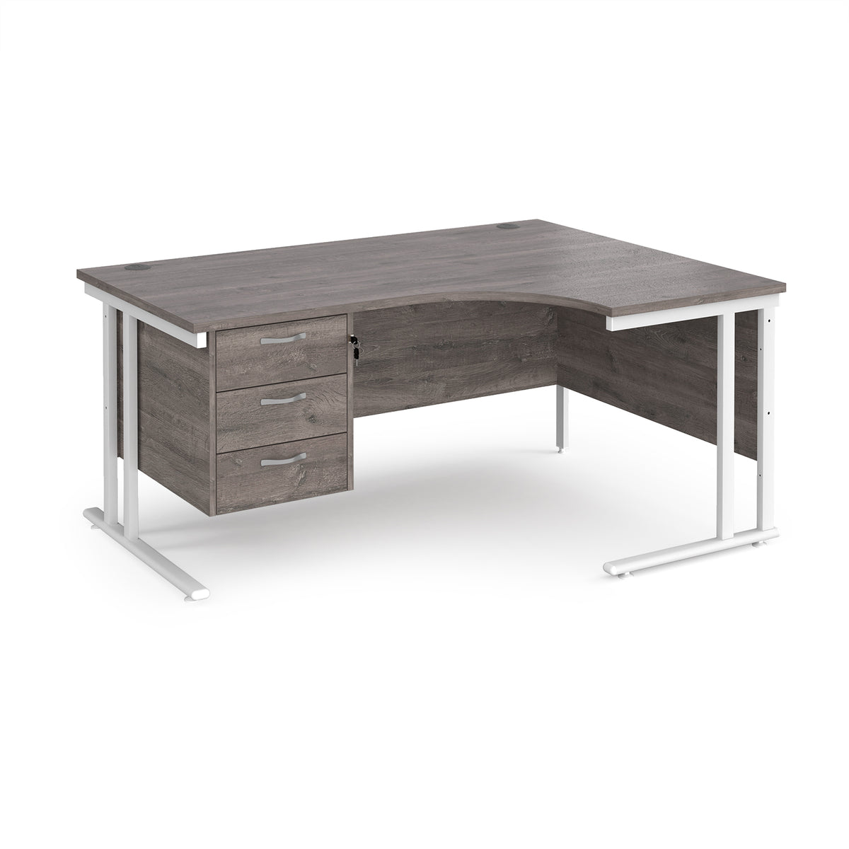 Maestro 25 right hand ergonomic desk 1600mm wide with 3 drawer pedestal - white cantilever leg frame, Grey Oak Top - view 1