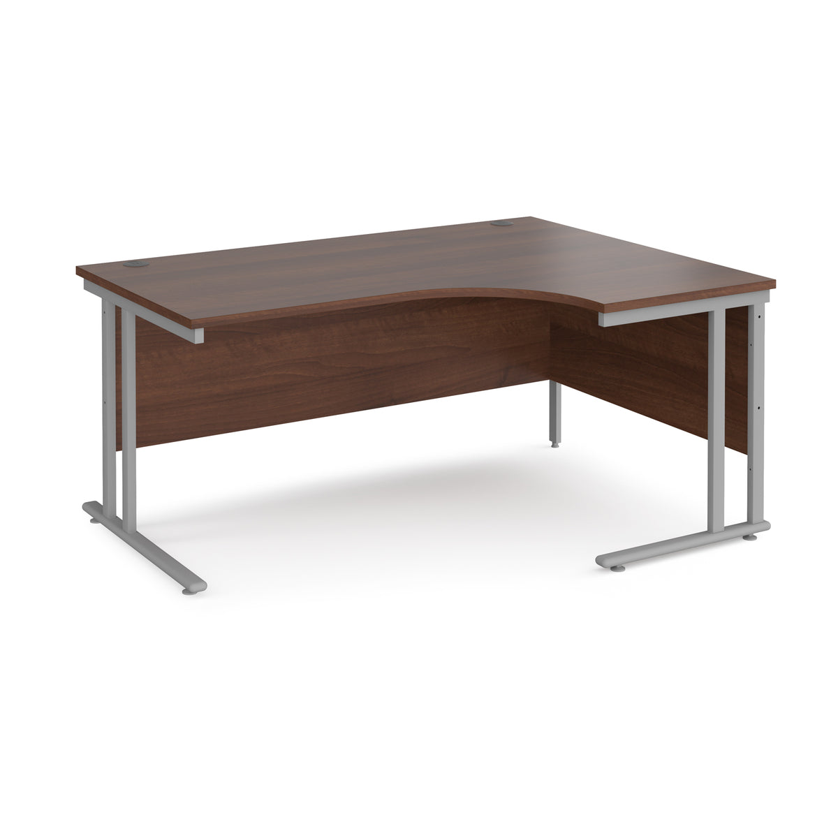 Maestro 25 right hand ergonomic desk 1600mm wide - silver cantilever leg frame, Walnut top - view 1