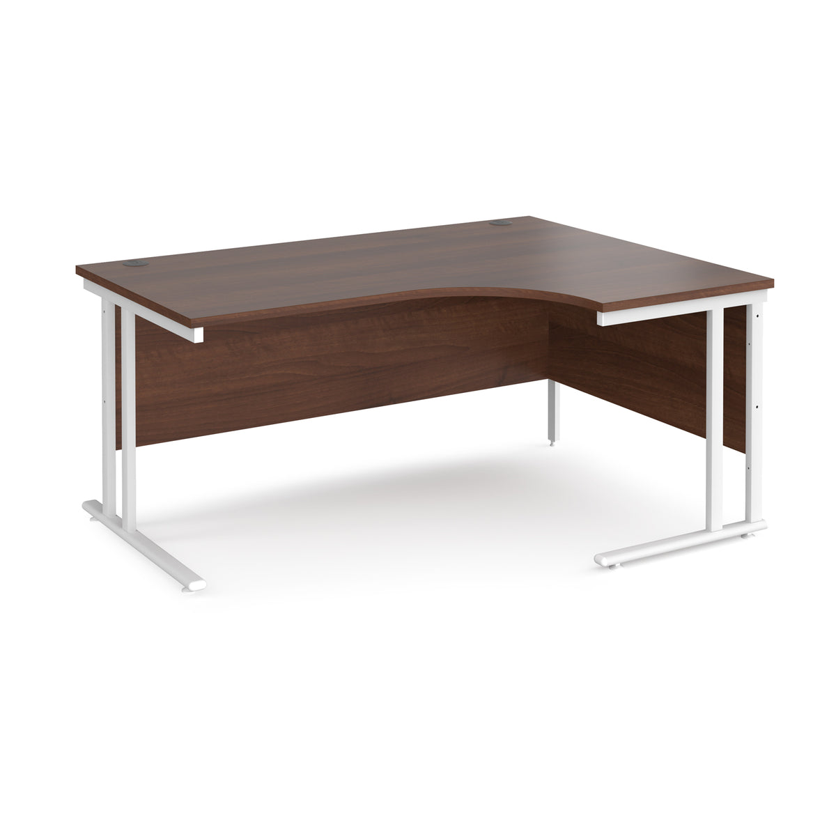 Maestro 25 right hand ergonomic desk 1600mm wide - white cantilever leg frame, Walnut top - view 1