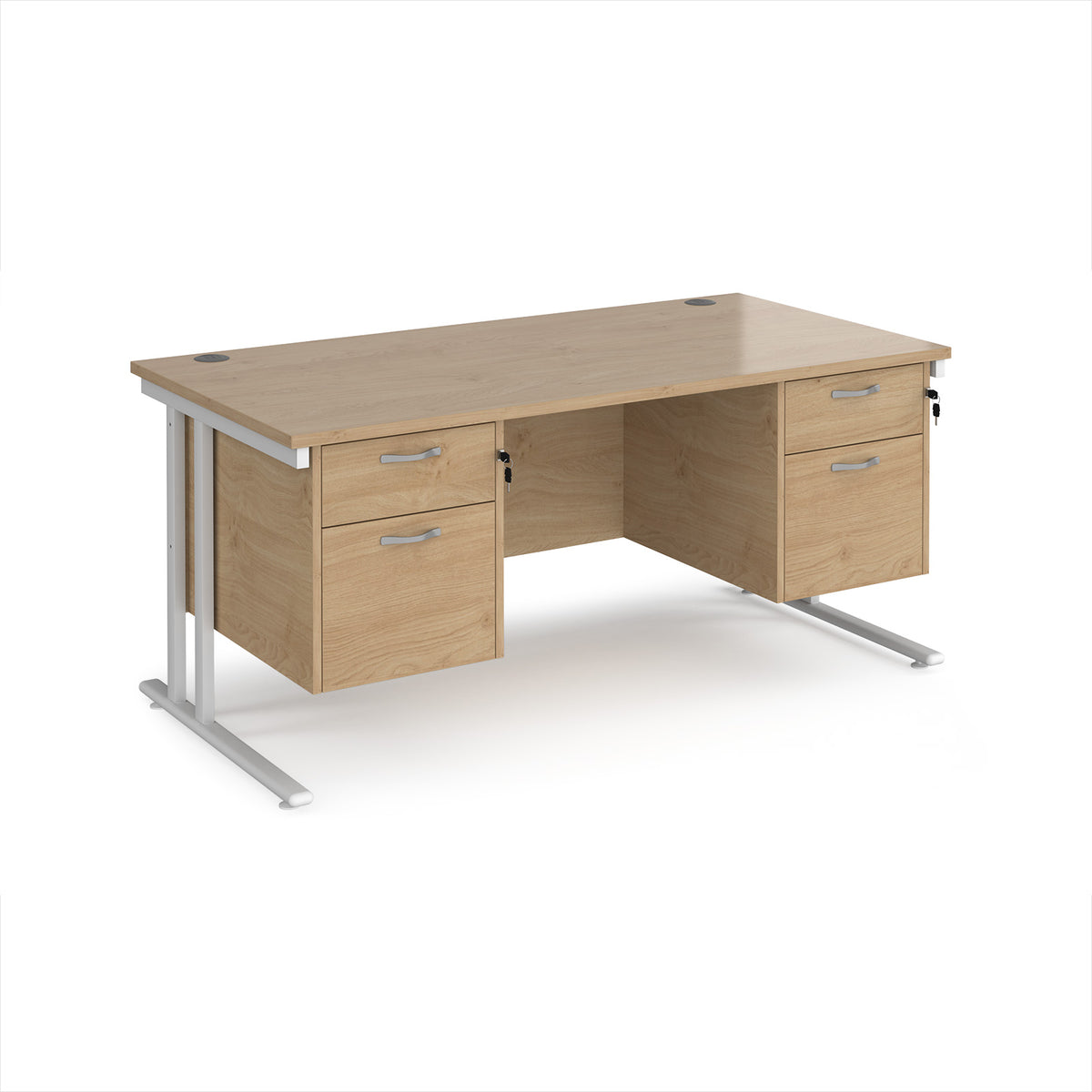 Maestro 25 straight desk 1600mm x 800mm with two x 2 drawer pedestals - white cantilever leg frame, Kendal Oak Top - view 1