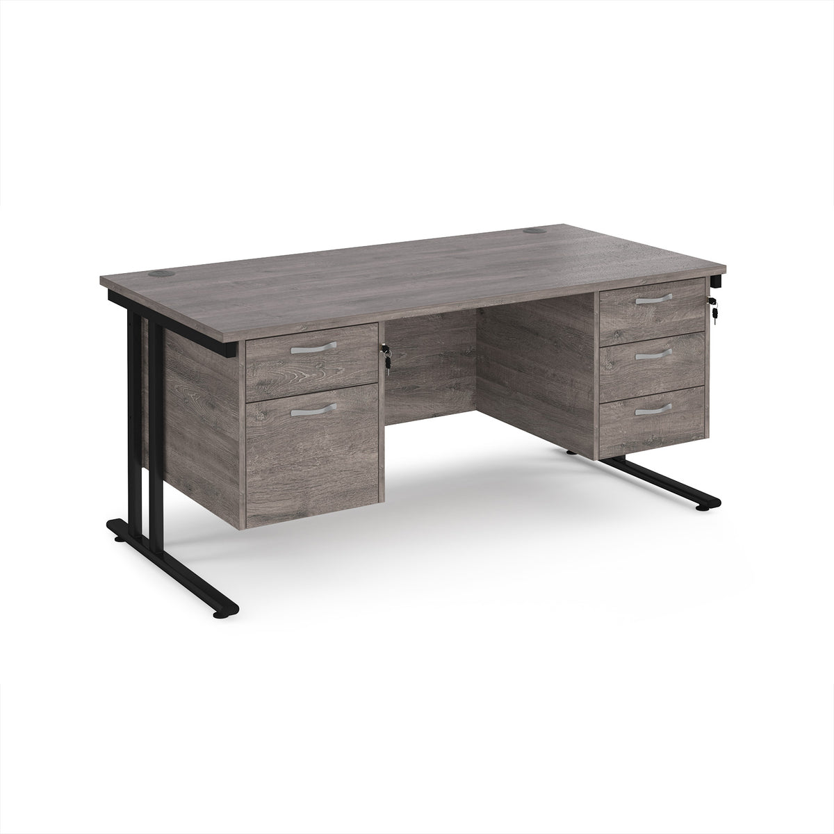 Maestro 25 straight desk 1600mm x 800mm with 2 and 3 drawer pedestals - black cantilever leg frame, Grey Oak Top - view 1