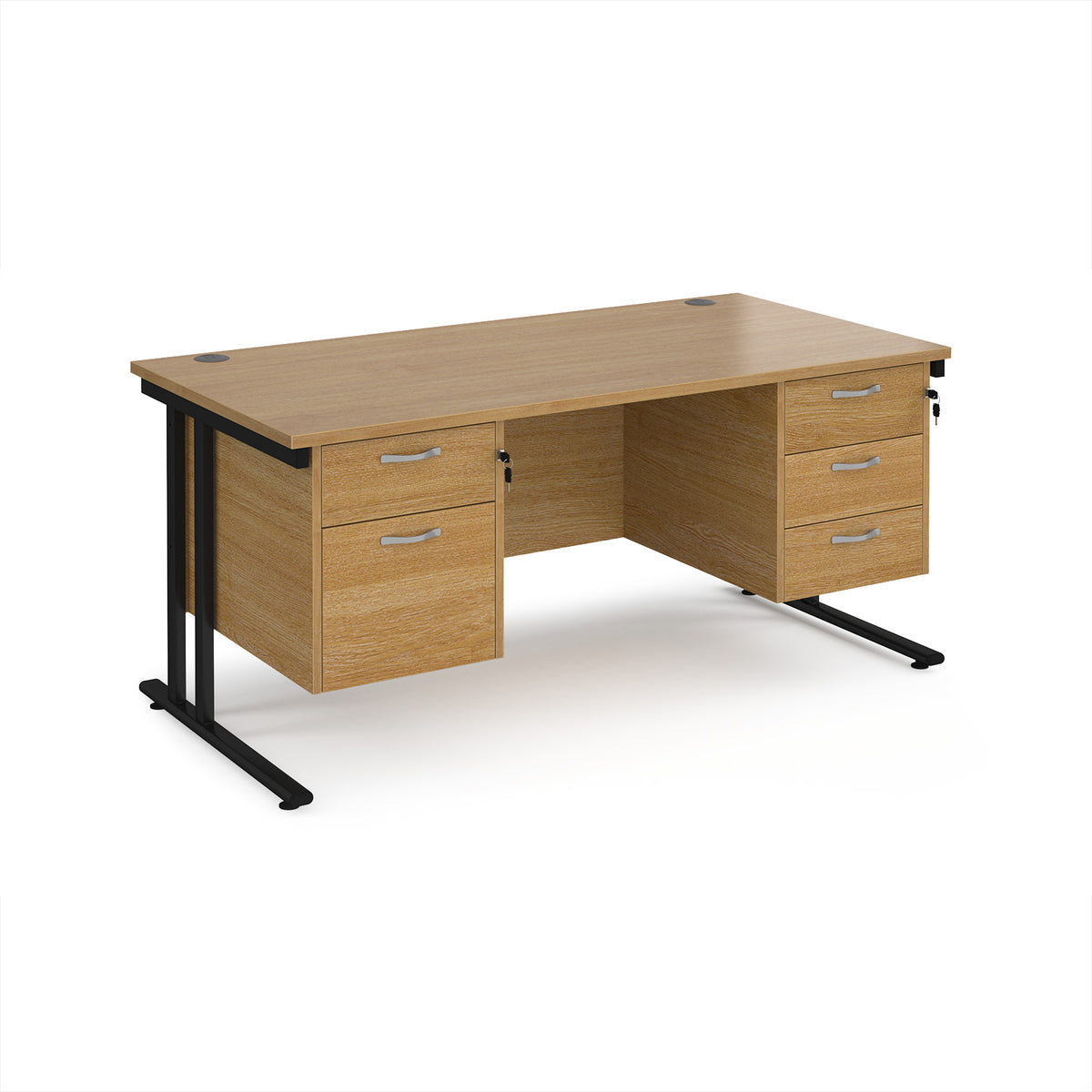 Maestro 25 straight desk 1600mm x 800mm with 2 and 3 drawer pedestals - black cantilever leg frame, Oak Top - view 1