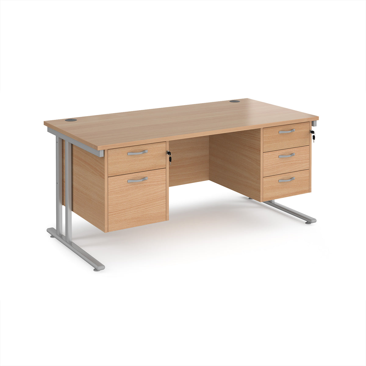 Maestro 25 straight desk 1600mm x 800mm with 2 and 3 drawer pedestals - silver cantilever leg frame, Beech top - view 1