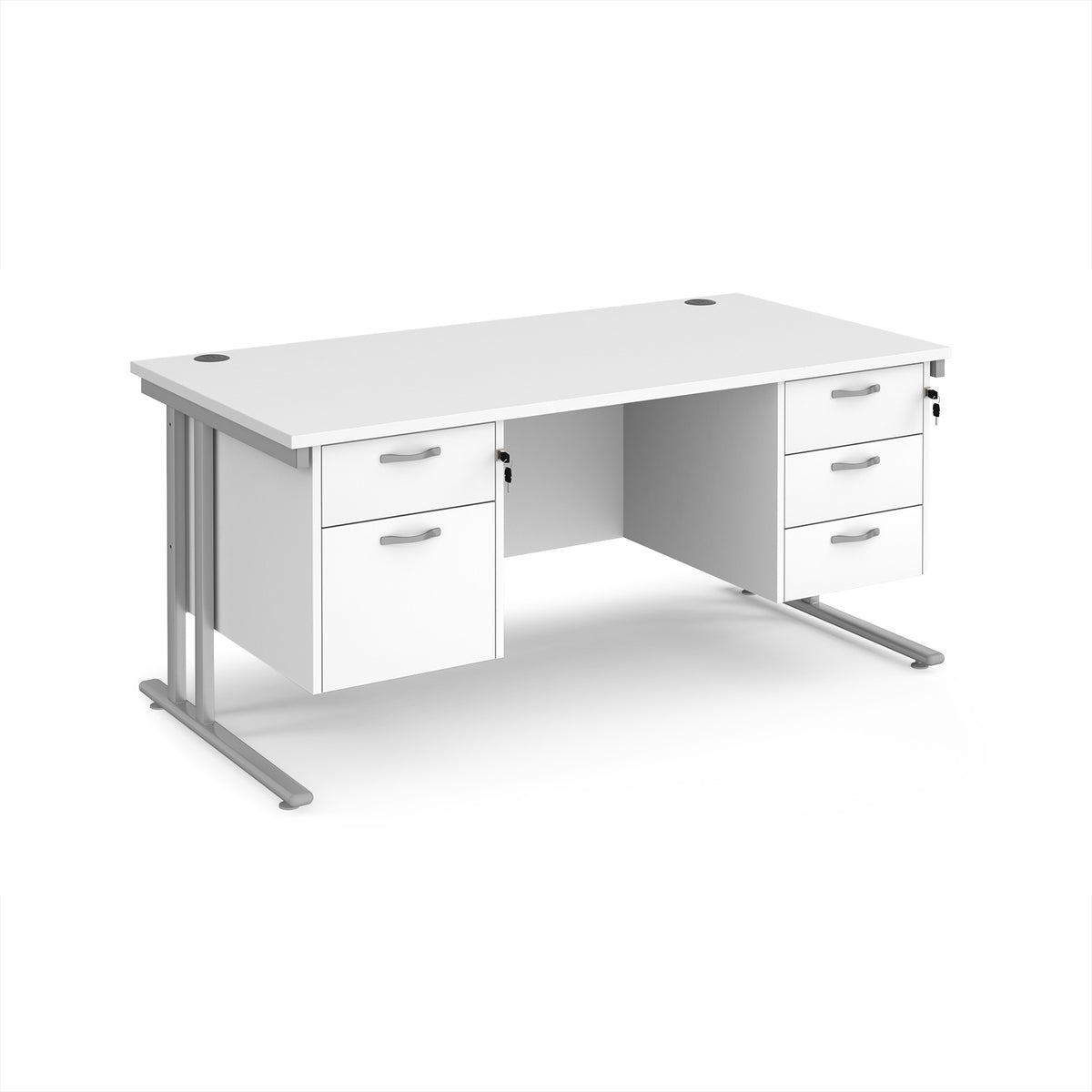 Maestro 25 straight desk 1600mm x 800mm with 2 and 3 drawer pedestals - silver cantilever leg frame, White Top - view 1